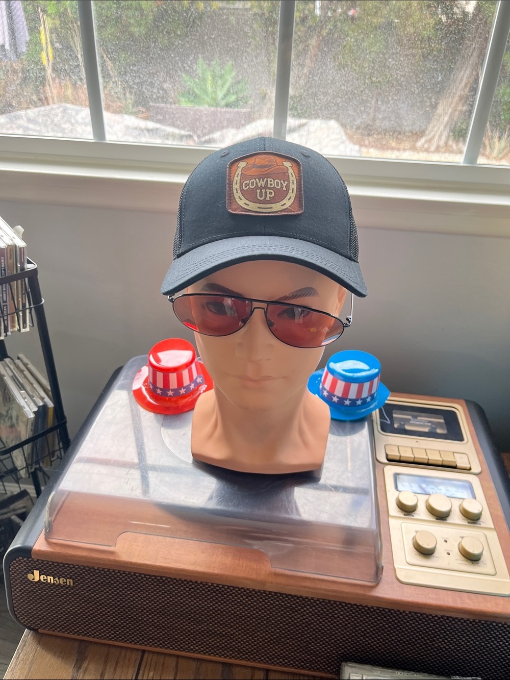 Cowboy Up Black Trucker Hat with Leather Patch